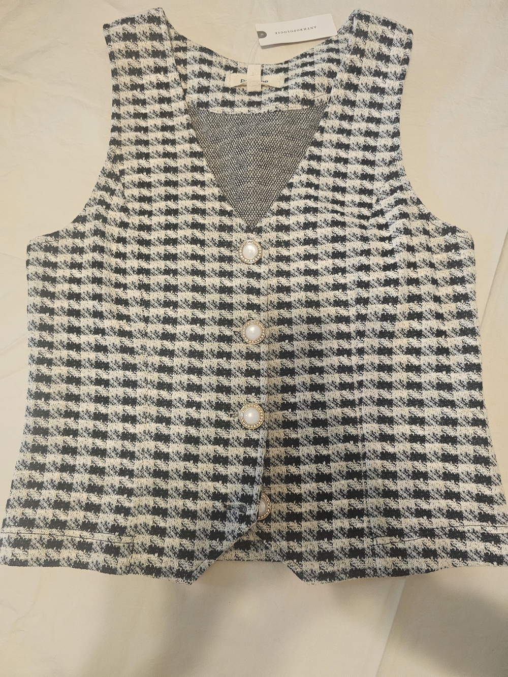 Anthropologie Black and White Houndstooth Tweed Vest